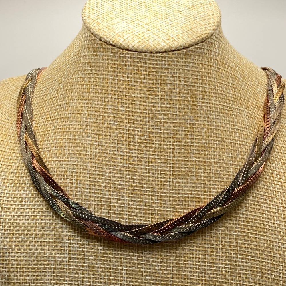 Vintage Necklaces Tricolor Metal Braided Herringbone Chain Gold Silver Copper 25